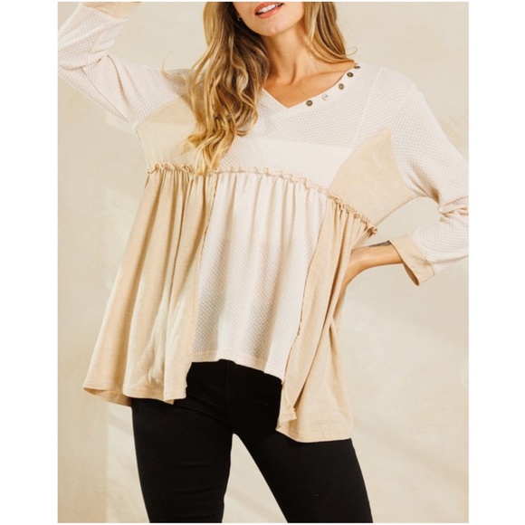 Tops - 078 Boho Color Block 3/4 Sleeve babydoll Top